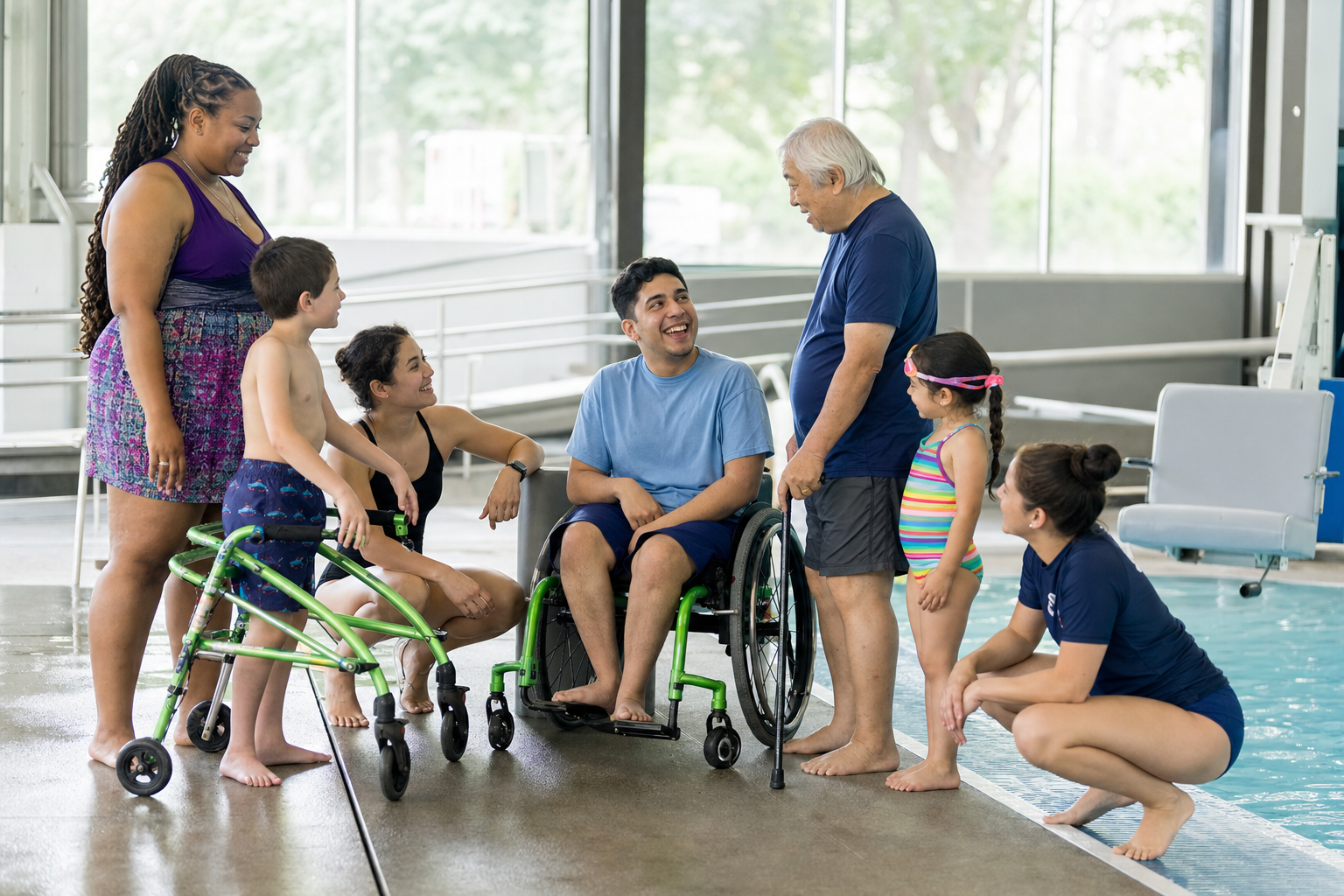 People of different ages and disabilities gathering beside an accessible community pool