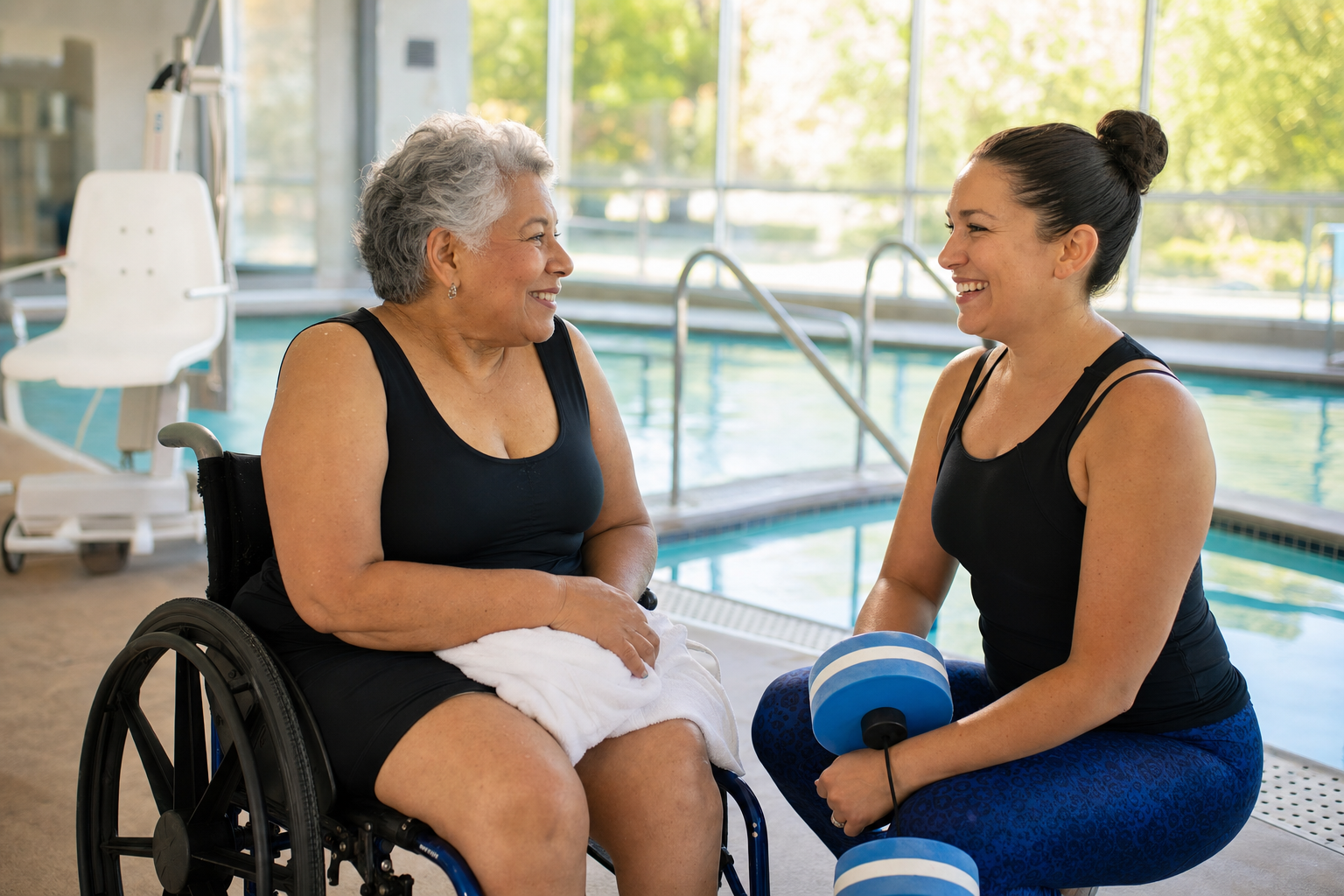 An older adult wheelchair user speaking with an adaptive aquatic instructor beside a pool