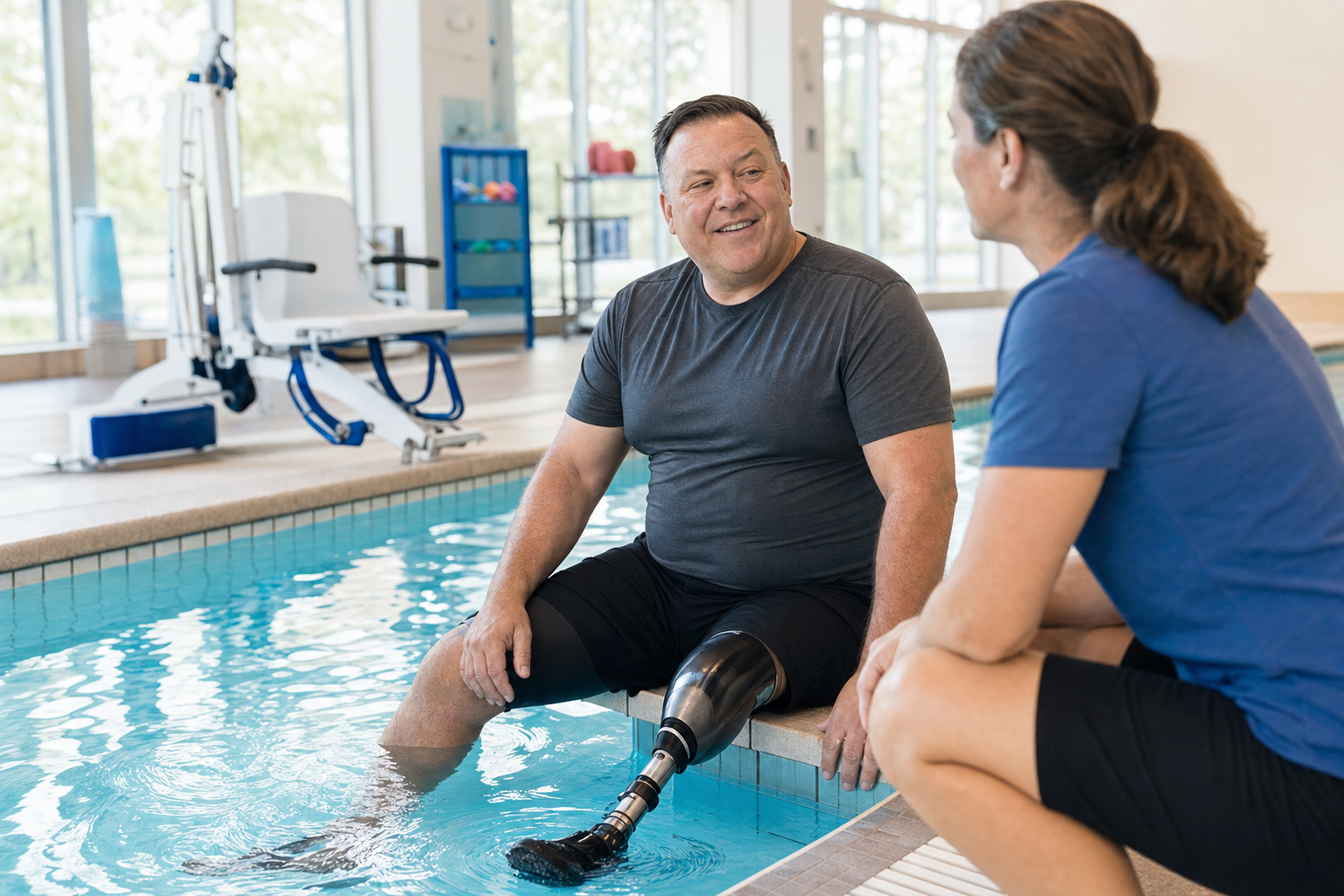 A veteran with a prosthetic leg speaking with an aquatic professional beside an accessible pool